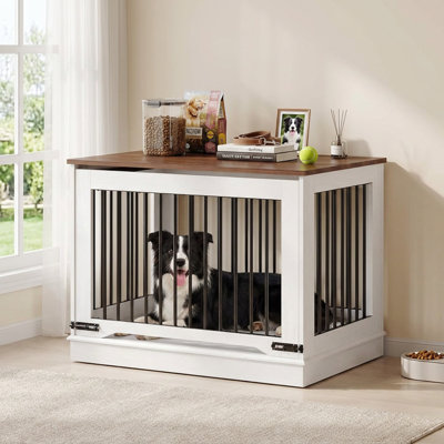 Wooden Dog Crate Furniture with Lift-up Door Design, Indoor Dog Kennel for Small/Medium/Large Dogs, End Side Table Kennel, Anti-Chew, Anti-Escape