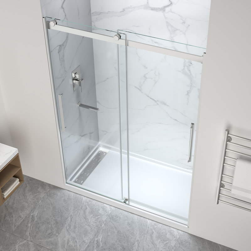 Stellar Series 76 po X 45-48 po. Porte de douche coulissante sans cadre en chrome poli avec base de douche en alcôve à drain à gauche