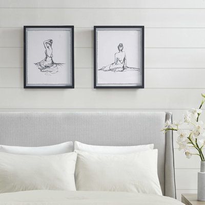 Sketch Wall Decor - 2 Pieces Black And White Deckled Paper With Glass Artist Framed Edge