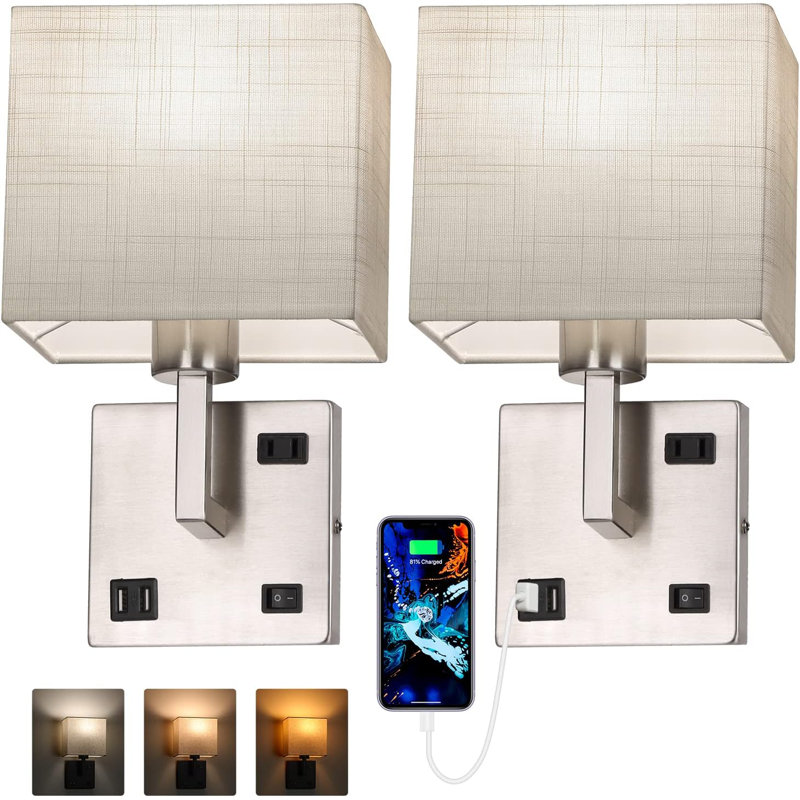 Bedroom Sconces Set of 2, Wall Mounted Bedside Lamps with USB Port, AC Outlet and 3 Colour Selectable