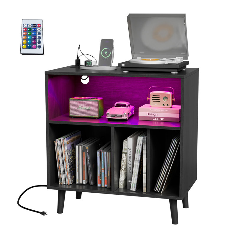 Mathea Record Player Stand with Open Storage with LED Light up to 300 Albums, Black