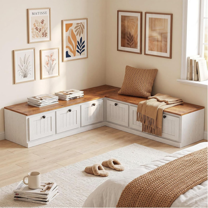 Banc de rangement en forme de L de 160 cm avec espace de rangement dissimulé, banc blanc pour coin repas avec plateau en bois pour salle à manger, cuisine et salon