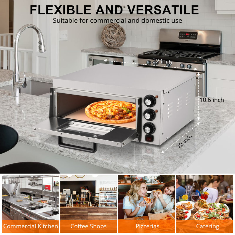 Electric Pizza Oven Countertop - 14" Single Deck Commercial Pizza Maker | Stainless Steel Interior with Pizza Stone | for Home Kitchen & Restaurant Use, 110V/1800W, Silver