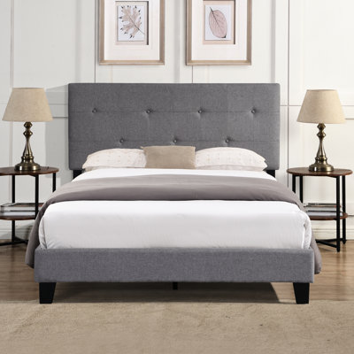 Lit double tapissier pleine grandeur - Bouton de tête de lit en lin gris moderne sans sommier à lattes en bois
