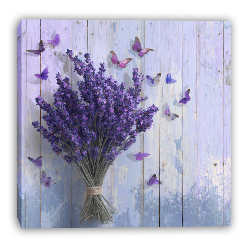 Lavande avec bouquet de papillons, art mural sur toile botanique rustique, l 40 po x H 40 po x P 1,5 po