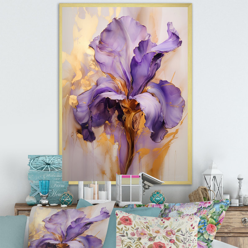 Iris doré - Rêve mauve - iris, art mural grand format, H 20 po x l 12 po x P 1 po, Cadre doré simple