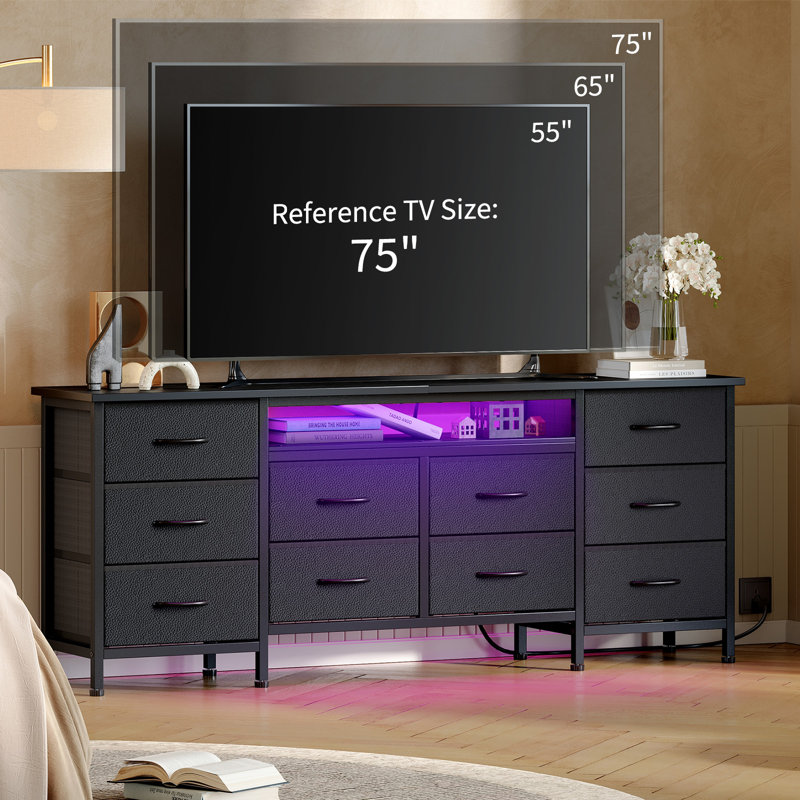 63" Long Dresser with 10 Drawers, LED Light & Charging Station, Wide Storage Organizer Cabinet for Bedroom, Closet, Living Room
