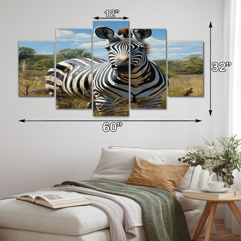 Zèbre réaliste, portrait animalier, salon, 5 panneaux