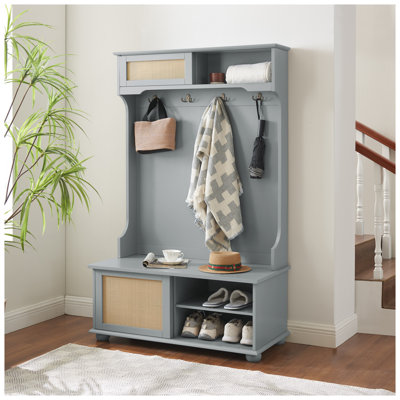 Arbre d'entrée gris avec banc et rangement pour chaussures, organisateur de vestibule 4 en 1 avec portemanteau, armoire de rangement à porte en rotin, banc de vestibule l 40,16 po avec range-chaussures