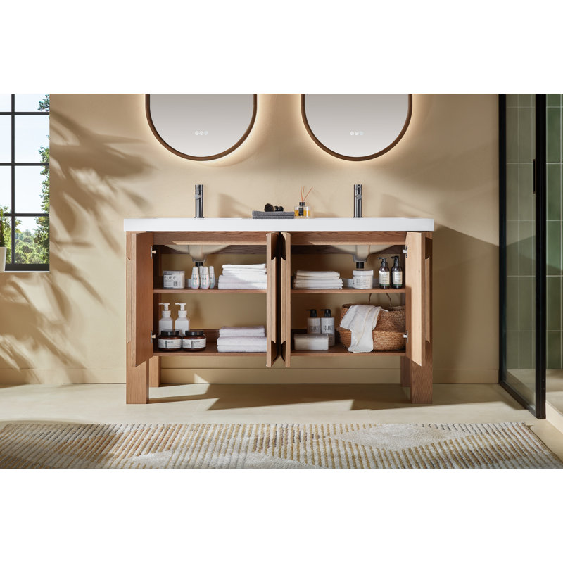 Abella Munich 60" Double Vanity, White, Natural Teak