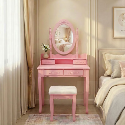 Ensemble de coiffeuse 4 tiroirs avec miroir et tabouret rembourré