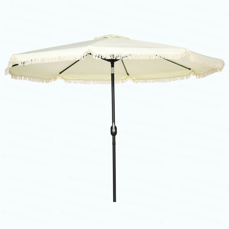 Outsunny 9Ft Patio Umbrella With Push Button Tilt And Crank, Ruffled Outdoor Market Table Umbrella With Tassles And 8 Ribs, For Garden, Deck, Pool, Cream White