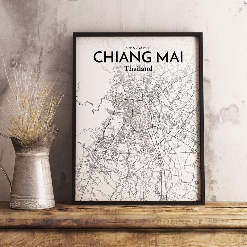 Chiang Mai City Map - Unframed Graphic Art Print on Paper, 61cm H x 45.7cm W x 0.1cm D, Black/White