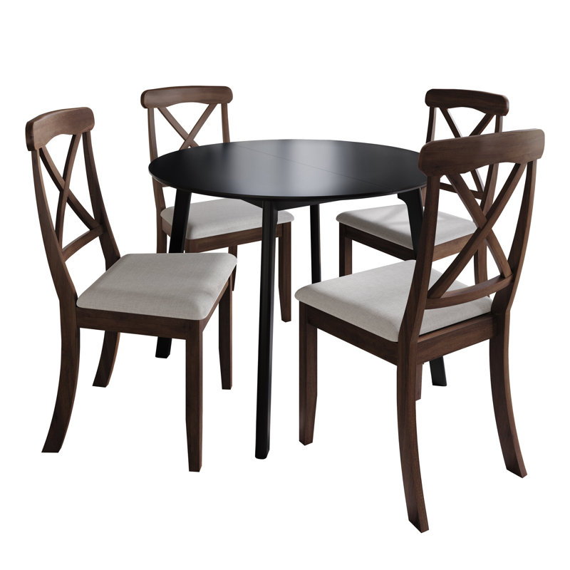 Ensemble de salle à manger 5 pièces avec table ronde noire et chaises en X rembourrées à dossier haut, Brun
