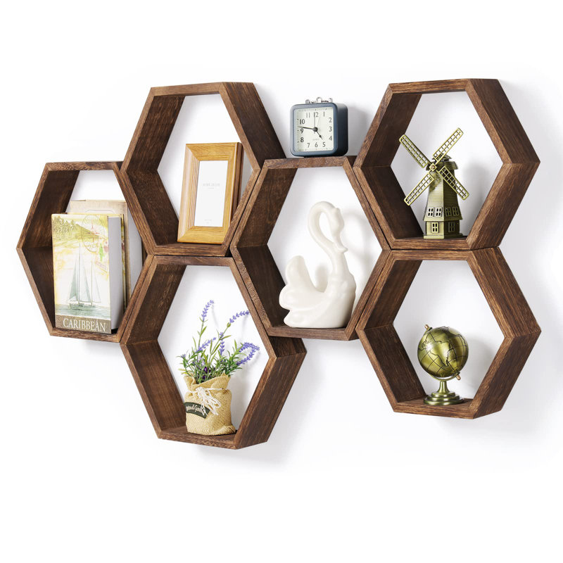 Hexagon Floating Shelves Set Of 6 Farmhouse Honeycomb Wall Storage Shelf Wood Display Hexagonal Shelves Wall Mounted Hanging Rustic Shelf Racks For Bedroom Living Room Hallway Office Decor, Brown