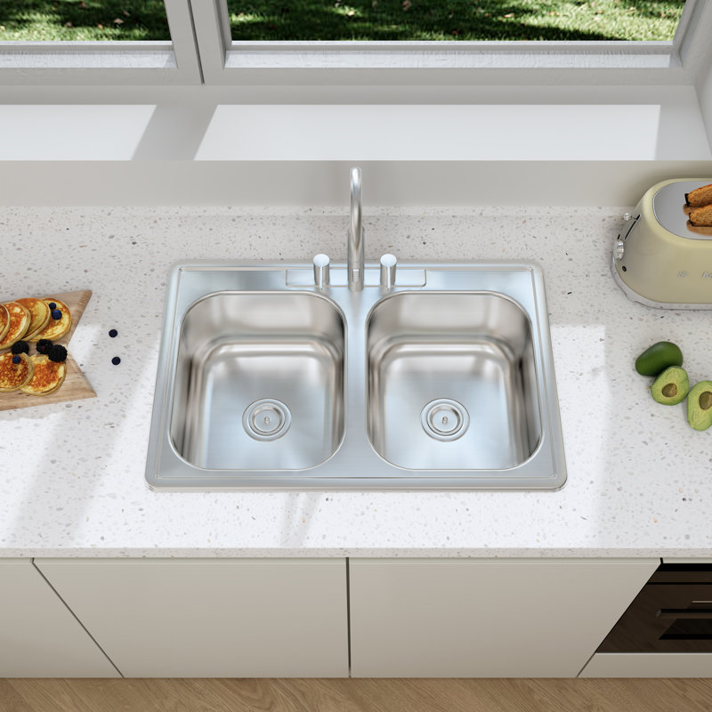 KDK HOME 33” Double Bowl Kitchen Sink 50/50 Drop In Stainless Steel Top Mount Sink with Strainer