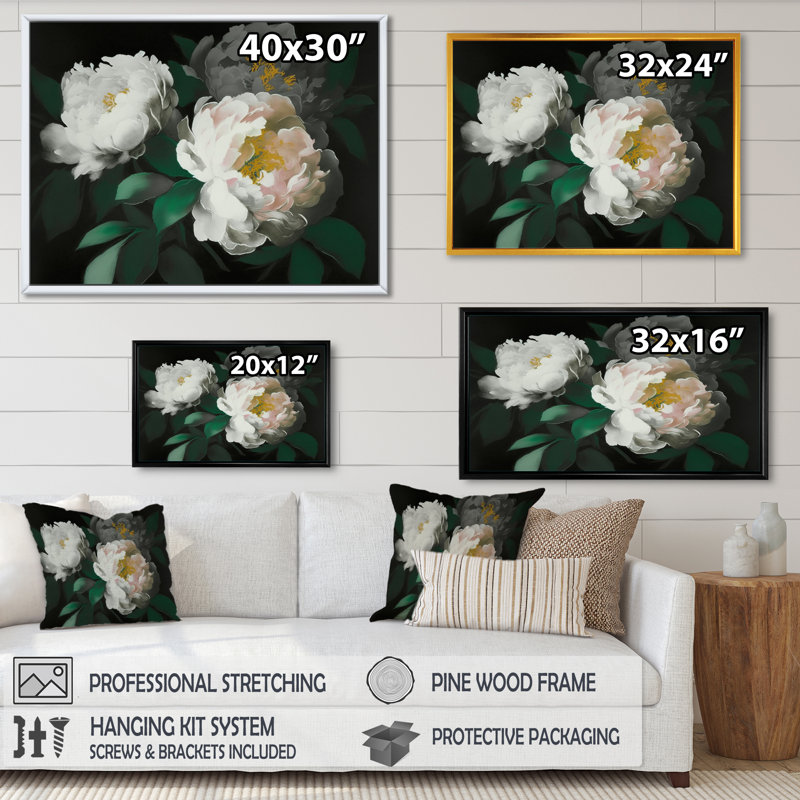 «White Blossoming Peony on Black I», reproduction sur toile, L 32 po x H 16 po, Cadre flottant noir