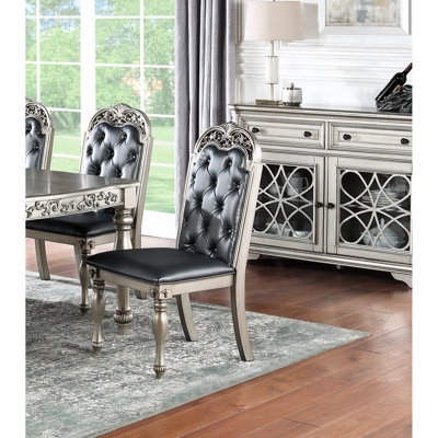 2 Side Chairs , Grey/silver Finish, Rubberwood, Intricate Design Upholstered Cushion Seat With Back Design, And For Festival Gathering