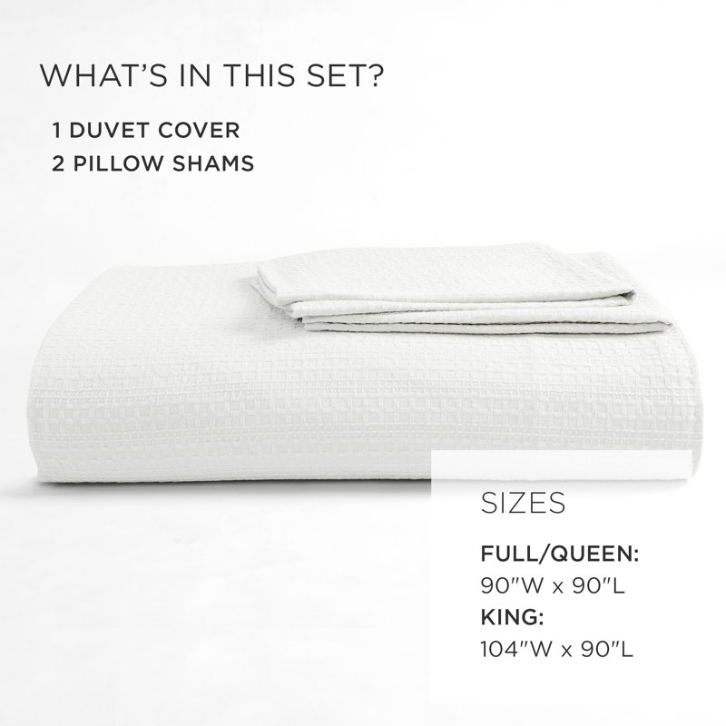 Haniya White Waffle Woven Cotton King Duvet Cover Set
