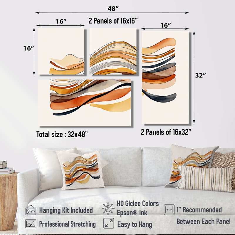«Burnt Orange Waves Abstract I» - Décoration murale moderne jaune 4 pièces, Impression encadrée sans passe-partout, Doré