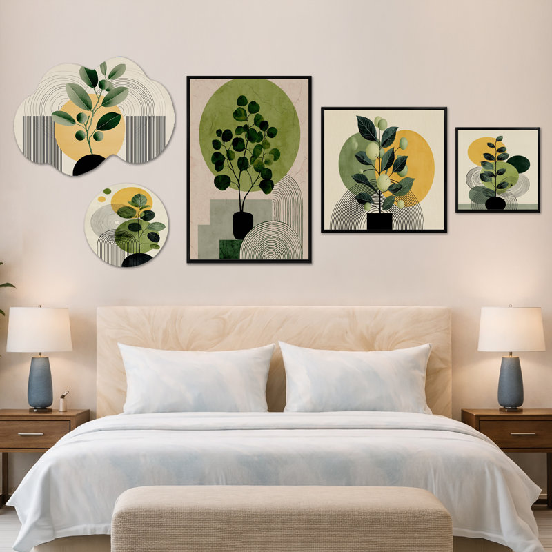 Green & Black Bohemian Minimalist Geometric Plant – Abstract Wall Art, Canvas and Metal 5 Panel Set (100" x 40")