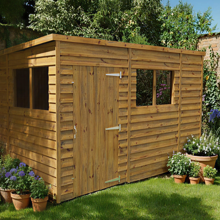 Wooden shed with windows and double doors.
