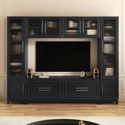 Meuble audio-vidéo moderne de 102 pouces avec portes en verre, grand meuble télé pour téléviseur de 75 pouces ou moins, console multimédia minimaliste avec tiroirs
