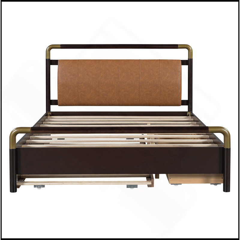 Wooden Storage Platform Bed, With 2 Big Drawers, T-XL Size Trundle, Walnut