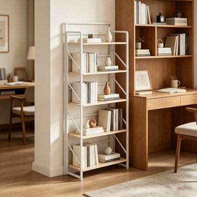 Folding Bookshelf, 5 Tier Industrial Wood Foldable Bookcase With Metal Frame, No Assembly