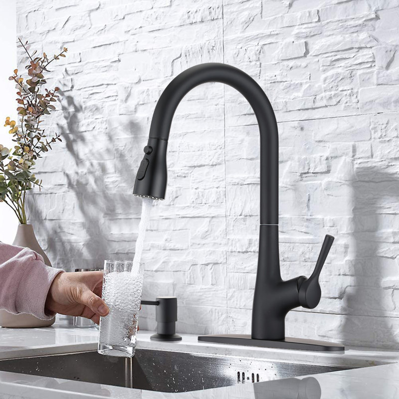 Robinet de cuisine rétractable à poignée simple avec distributeur de savon, Noir