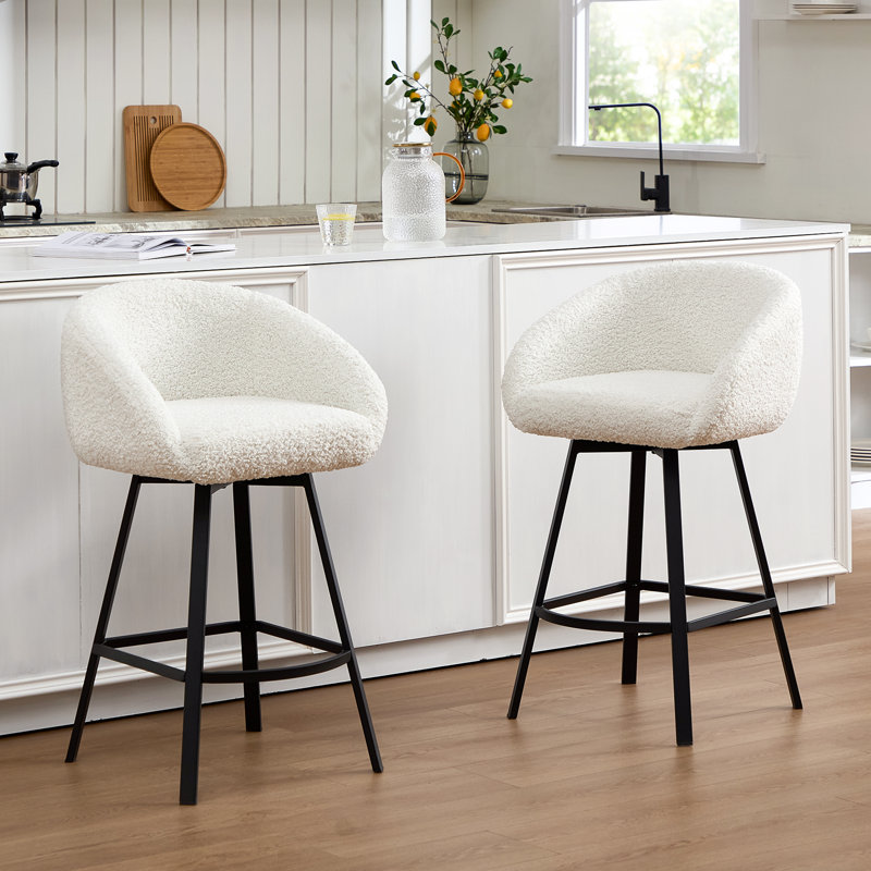 Absalom Swivel Upholstered 26.4" Sherpa Counter Stool with Metal Frame, Sherpa Black, 2