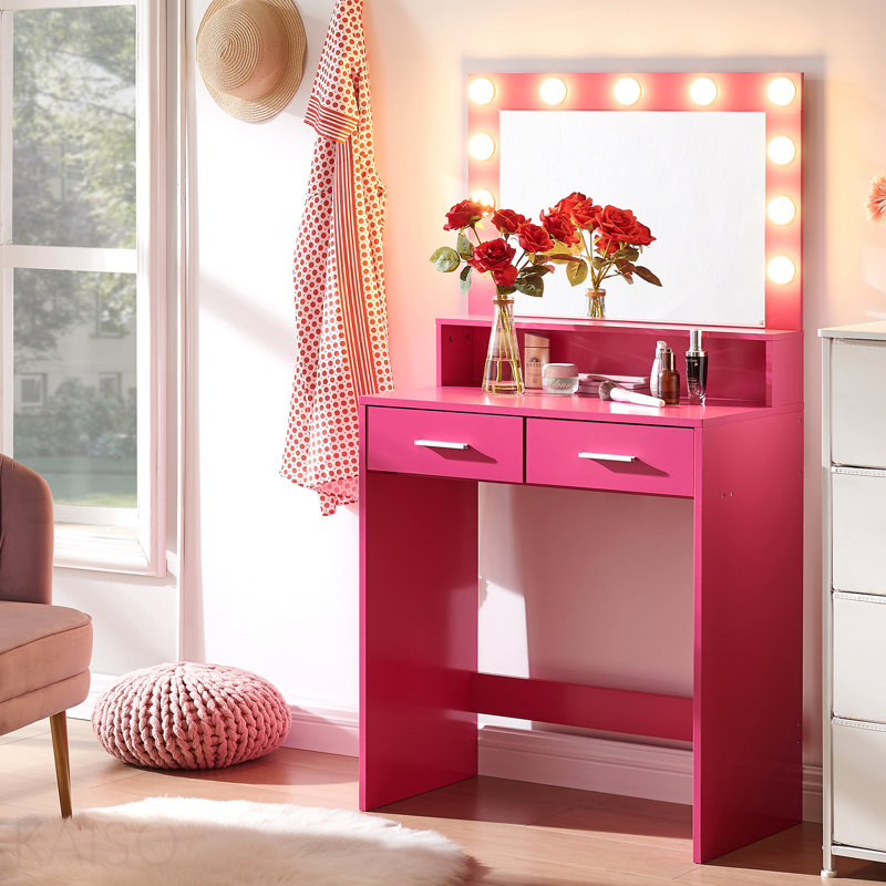 Bureau de coiffeuse avec miroir et lumières, coiffeuse avec grand tiroir, commode de rangement à 2 niveaux et 3 modes d'éclairage à luminosité réglable, convient à la chambre à coucher (rose)