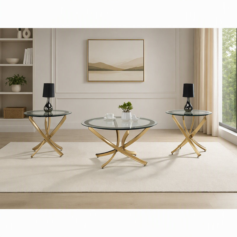 Table de bout ronde en verre avec finition laiton rose et structure noire