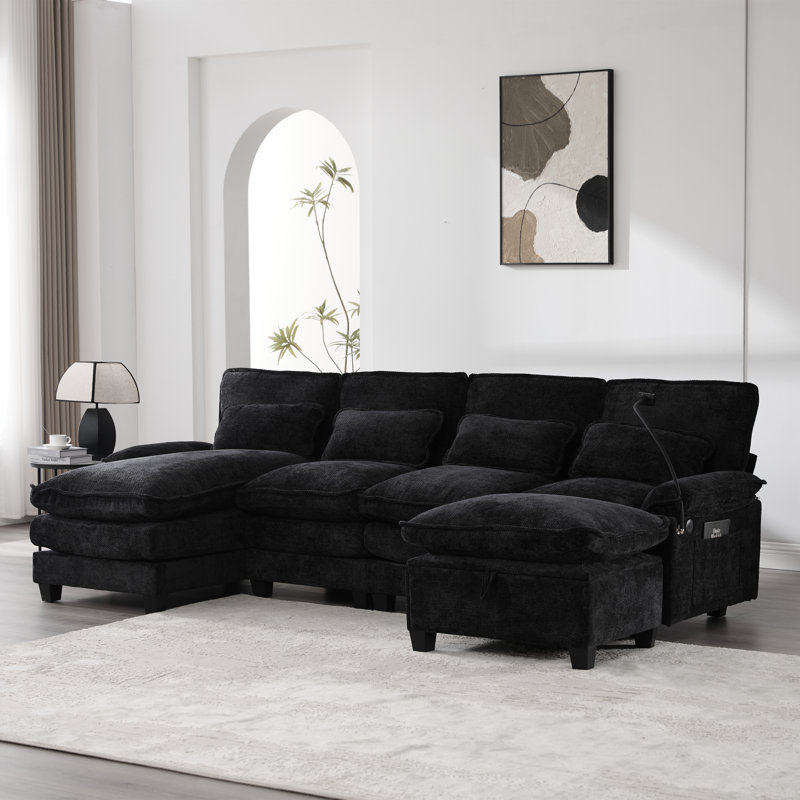 UNITED WE WIN 106" U Shape Sectional Sofa Cloud Couch For Living Room, Upholstery Comfy Modular Sofas, 4 Seat Chenille U-Shaped Sleeper Sofa With Chaise Lounge, Ottoman & Pillows