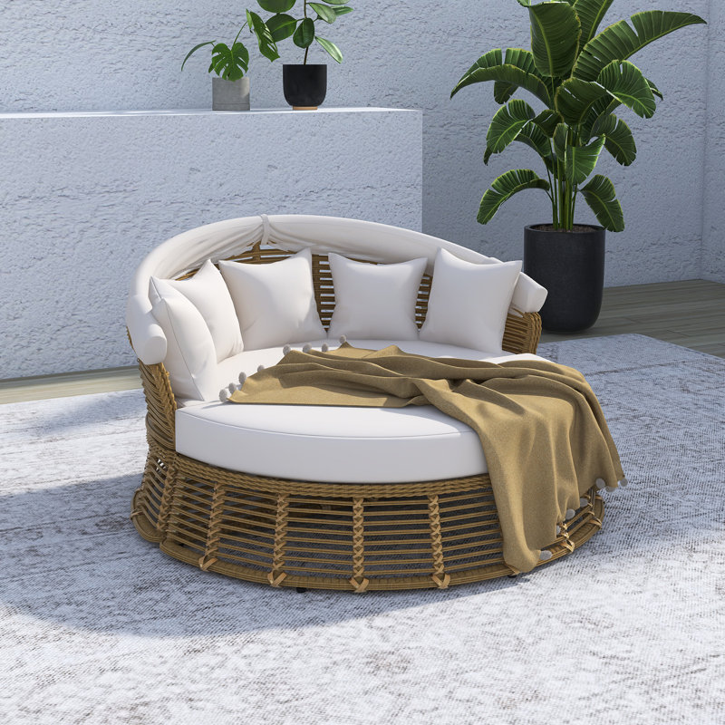 Outdoor Patio Rattan Round Daybed With Retractable Canopy