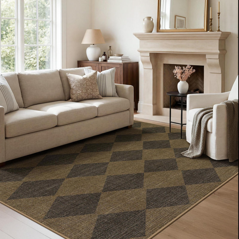 Tapis géométrique intérieur / extérieur tissé brun antidérapant 8 x 10 lavable à la machine, Rectangulaire 8 pi x 10 pi