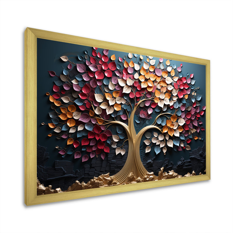 Arbre doré rose et bleu sur fond bleu - Art mural arbre, H 12 po x l 20 po x P 1 po, Cadre d'angle fermé doré