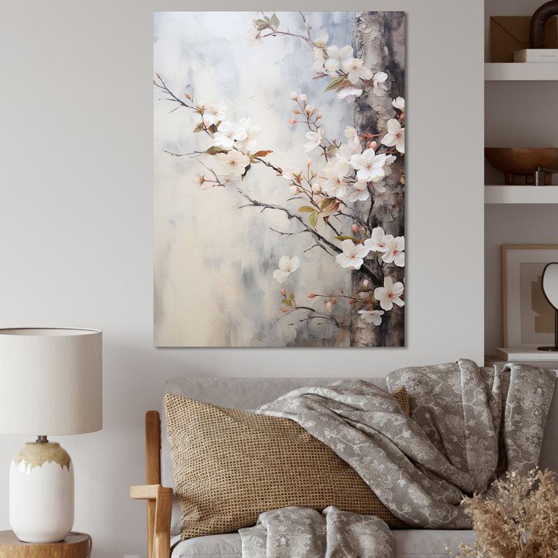 Minimalisme blanc et gris cerisier en fleurs I sur toile, Toile tendue, H 40 po x l 30 po x P 1,5 po