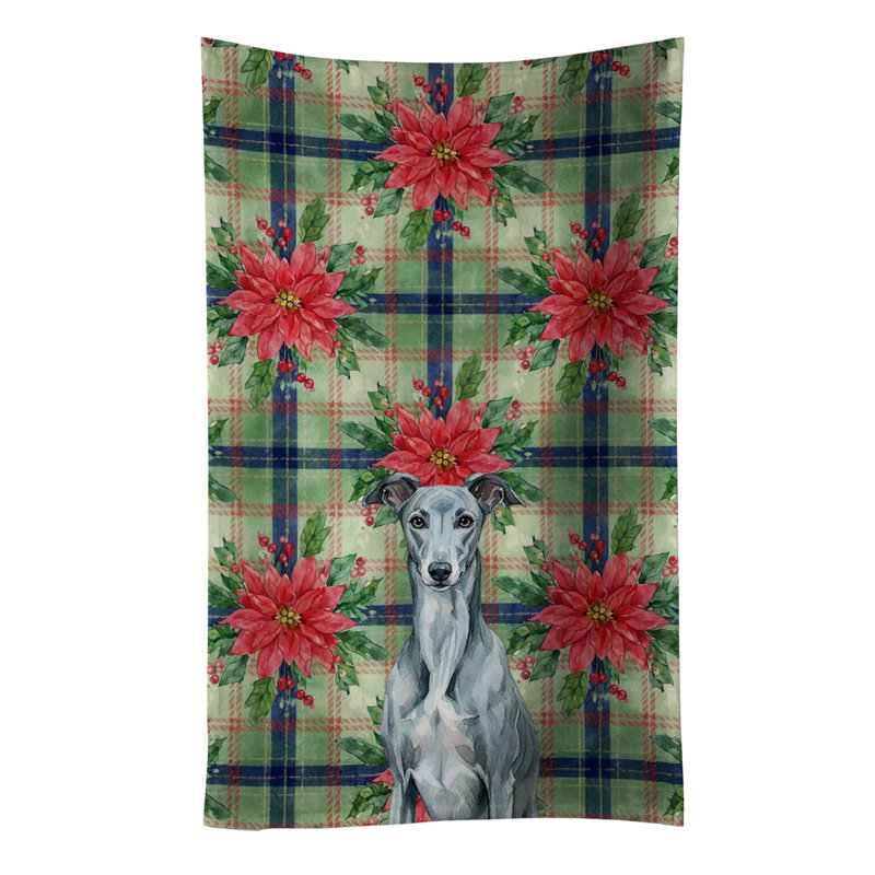 Blue Brindle Greyhound Christmas PoinsettIas Kitchen Towel, Blue Brindle Greyhound