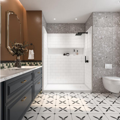 60 in. x 32 in. White SMC Right Drain Shower Base with 4-Piece Direct-to-Stud Wall Kit and Wall Shelf