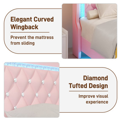 Floating Queen Bed Frame With LED Light, Upholstered Platform PU Leather Bed With Charging Station & Wingback, Diamond Tufted Storage Headboard & Footboard, No Box Spring Needed