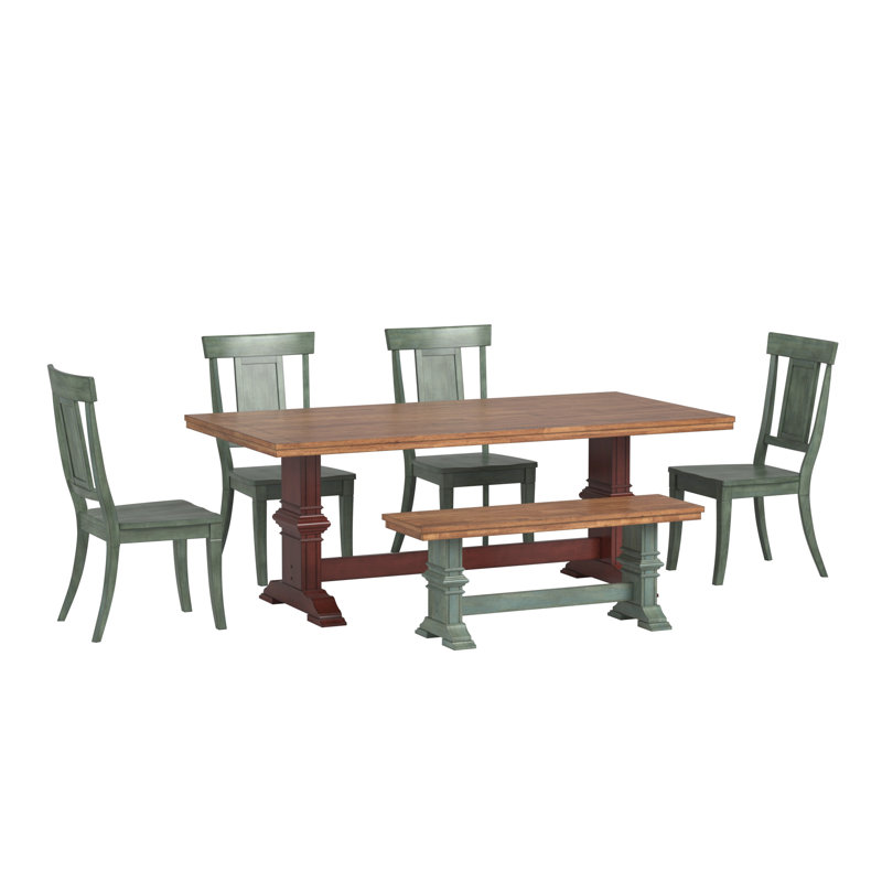 Ensemble de salle à manger Lumley 7 pièces, dessus en chêne massif, chaises à dossier à panneaux, table à piètement rouge antique, chaises et banc à piètement en sauge antique.