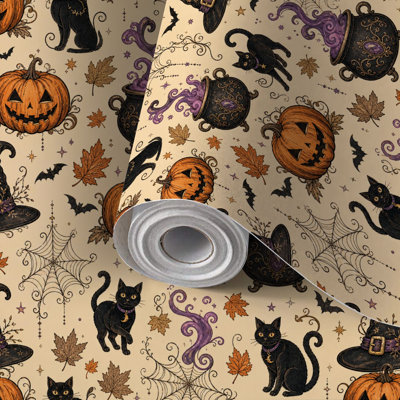 Papier peint auto-adhésif pour chat citrouille d'Halloween auto-adhésif et amovible 17,7 po x 118 po (45 x 300 cm)