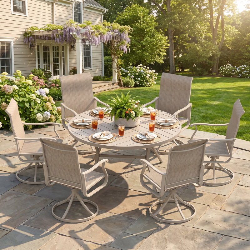 Ensemble repas d'extérieur pour patio - table ronde 53 po avec trou pour parasol + 6 chaises pivotantes