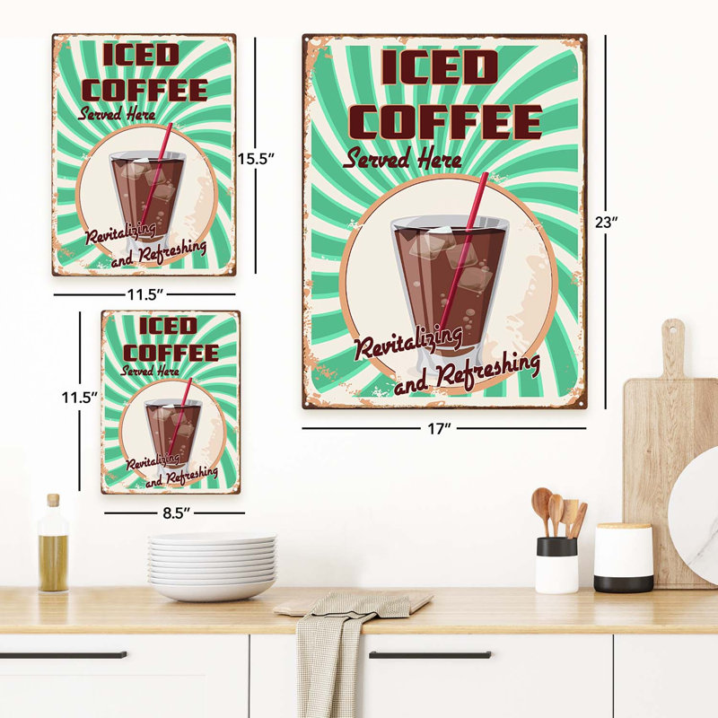 Café glacé servi ici, H 15,5 po x l 11,5 po x P 0,04 po