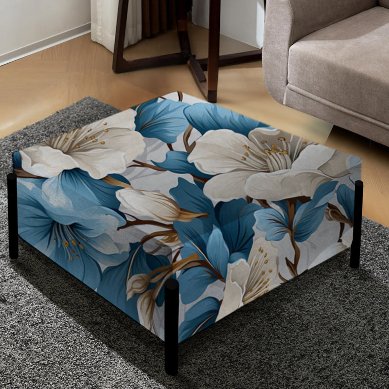 Blanc et bleu Bliss Floral I - Grand repose-pieds carré floral