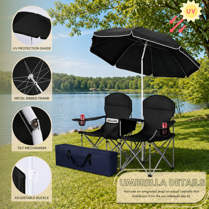 Causeuse d'extérieur avec parasol et glacière intégrée, Noir
