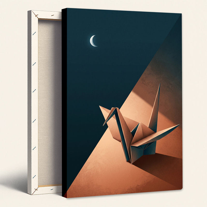 Grue en origami bronze et croissant de lune sur toile bleu foncé, H 18 po x l 12 po