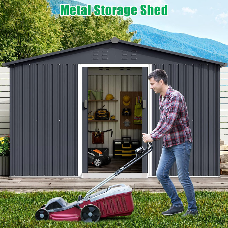 Outdoor Storage Shed, Large Metal Aluminum Waterproof Tool Sheds With Lockable Door, Gray, 77.5" H x 122.8" W x 128" D