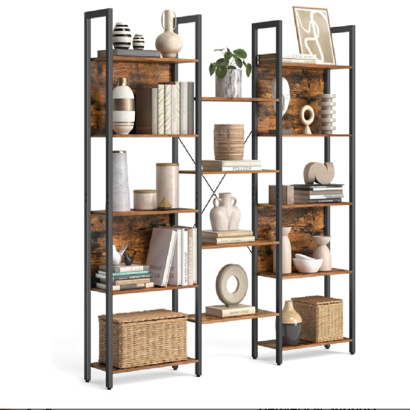 Jaliyah 166cm H x 158cm W Steel Etagere Bookcase, Rustic Brown/Black